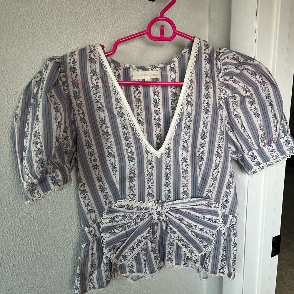 LoveShackFancy Stripe Lace-Trim Peplum Top